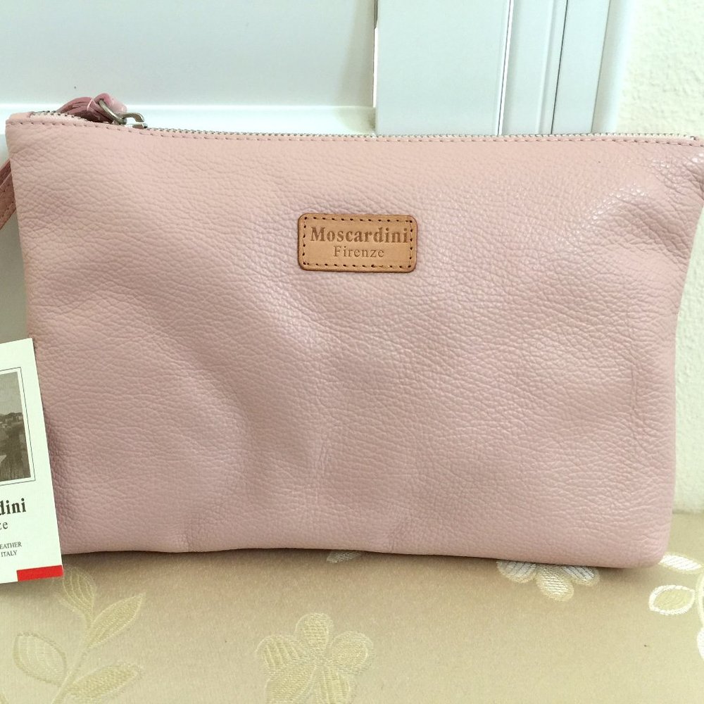 Moscardini Fienze ITALY Cosmetic Bag Pouch Wristlet Made Up Case PINK 10x7" NEW